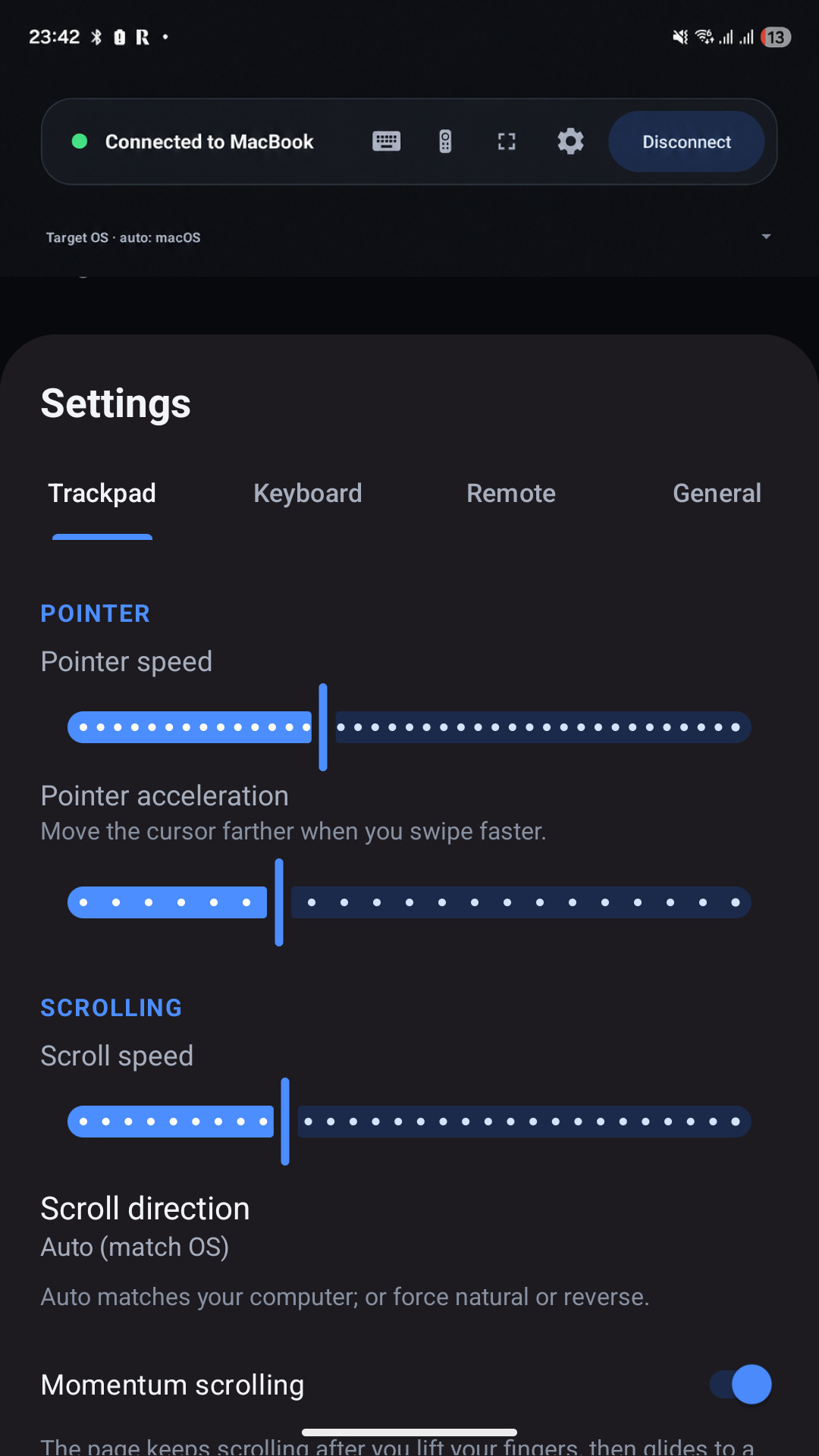 Omny Pad settings screen